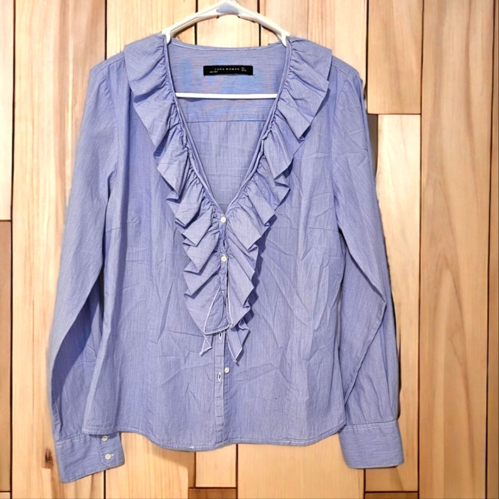 Zara Woman Blue Lined Chambray Ruffled Button Down Blouse with Plunging V